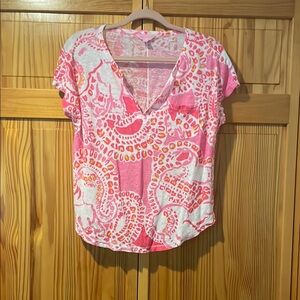 Lilly Pulitzer Pink and White Patterned Linen Short Sleeve Top